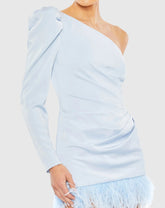 Blue Feather Trim One Shoulder Draped Mini Dress